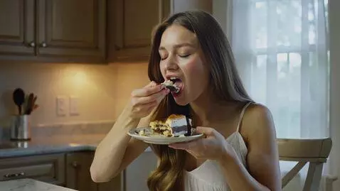 AI Video from prompt: girl eats tiramasu cake