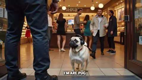 AI Video from prompt: a pug wants to enter the shop but the guard does
