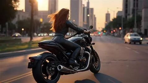 AI Video from prompt: A confident, attractive woman riding a sleek mot