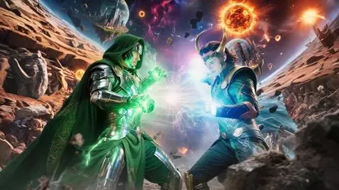 AI Video from prompt: Robert Downey Jr. As Doctor Doom Battling Agains