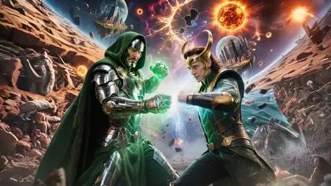 AI Video from prompt: Robert Downey Jr. As Doctor Doom Battling Agains