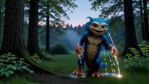 AI Video from prompt: Rain creature with blue omber fur and webbed bod