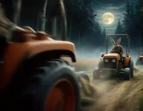 AI Video from prompt: зайцы едут на тракторах, камера пролетает мимо, 