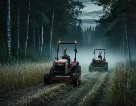 AI Video from prompt: зайцы медленно едут на тракторах, камера пролета