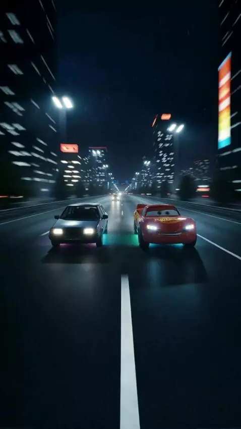 AI Video from prompt: These cars are driving on a neon highway at nigh