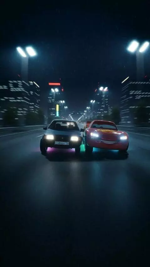 AI Video from prompt: These cars are driving on a neon highway at nigh