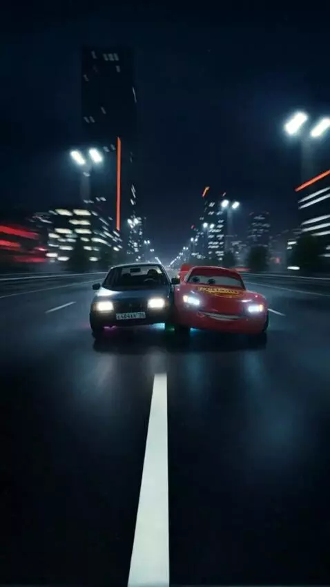 AI Video from prompt: These cars are driving on a neon highway at nigh
