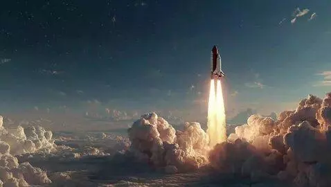 AI Video from prompt: The space shuttle rockets into space past earths