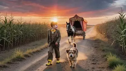 AI Video from prompt: A 10-year-old boy and his dog walk briskly along