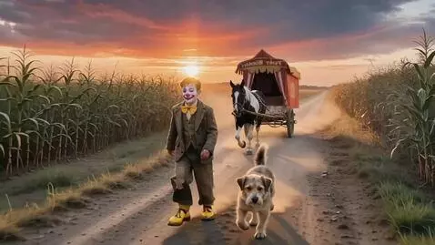 AI Video from prompt: A 10-year-old boy and his dog walk briskly along