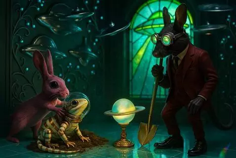 AI Video from prompt: The saturn light spins. The rabbit removes the n