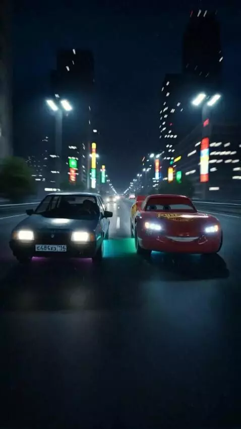 AI Video from prompt: These cars are driving on a neon highway at nigh