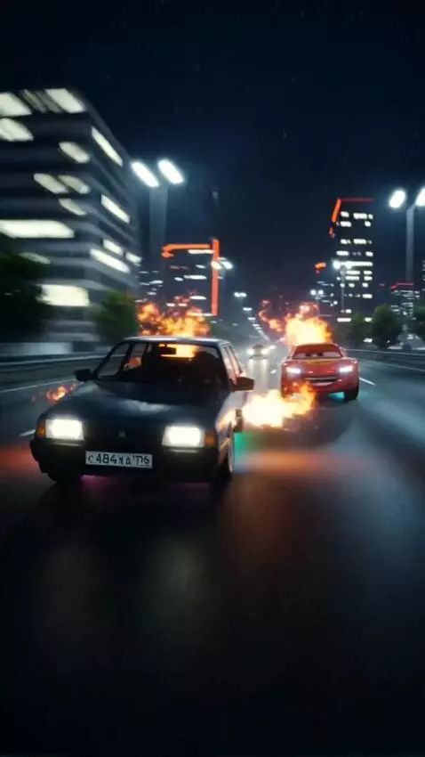 AI Video from prompt: These cars are racing on a neon-lit night track.