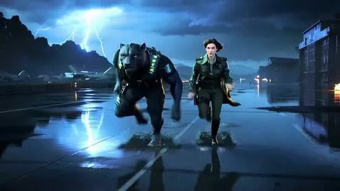 AI Video from prompt: A low-angle cinematic wide shot of an anthropomo