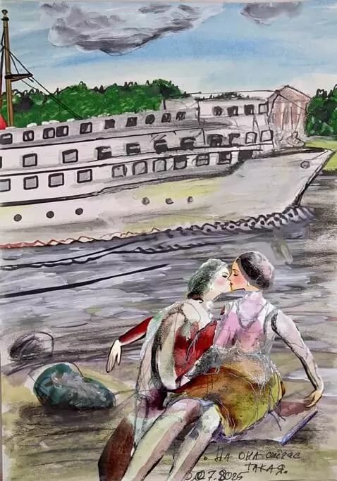 AI Video from prompt: корабль плывет, влюбленные целуются и машут руко