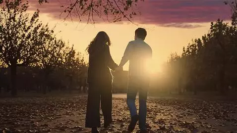 AI Video from prompt: Съёмка со спины удаляются двое: она высокая стро