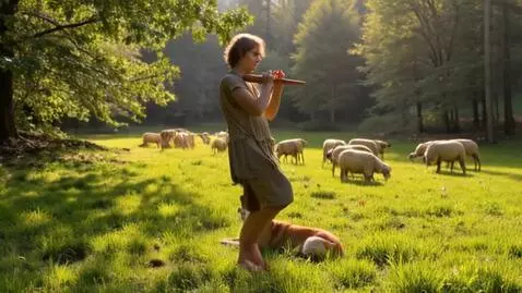 AI Video from prompt: A young shepherd stands in the middle of a green