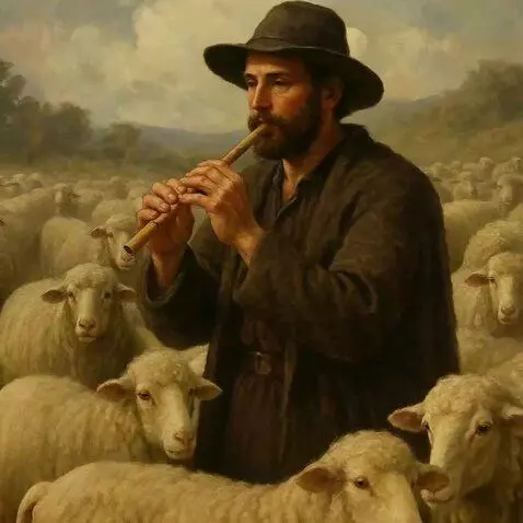 AI Video from prompt: Ciobănașul merge ușor printre turmă,fundal pădur