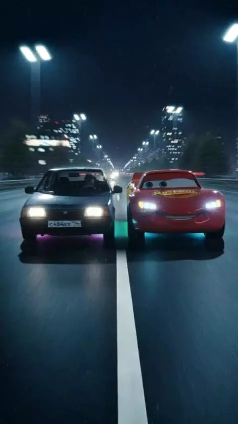 AI Video from prompt: Night neon track. These cars are having a friend