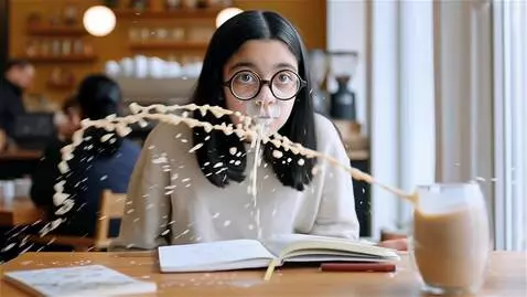 AI Video from prompt: have a girl with thick round glasses get splashe