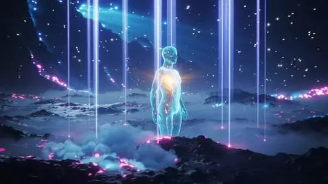 AI Video from prompt: A slow cinematic zoom on a surreal luminous pres