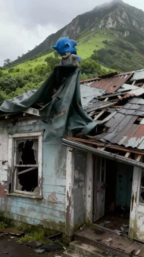 AI Video from prompt: Sonic is using a tarp to cover the hole on the r