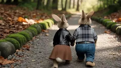 AI Video from prompt: Съёмка со спины. Вперёд идут два милых пушистых 