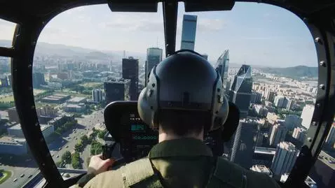 AI Video from prompt: A helicopter soars above the urban sprawl, the p
