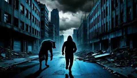 AI Video from prompt: Man in hoody and black werewolf run forward