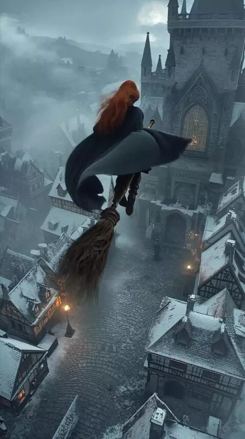 AI Video from prompt: The witch flies over the city, sitting on a broo