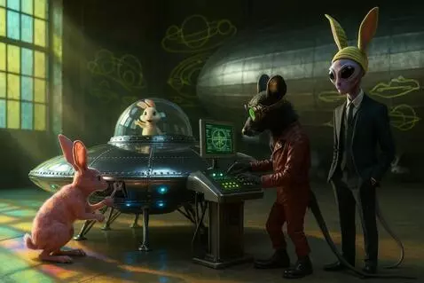 AI Video from prompt: The pink rabbit uses wrench on flying saucer's o