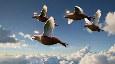 AI Video from prompt: seals flying in the sky like angels,then forming