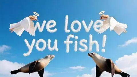 AI Video from prompt: seals flying in the sky like angels,then forming