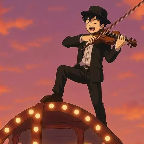 AI Video from prompt: The smiling violinist joyfully plays and sing, h