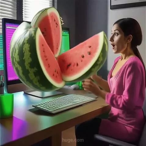 AI Video from prompt: из монитора вылетает арбуз, раскалывается на час