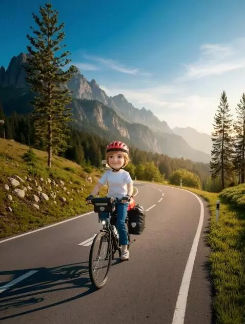 AI Video from prompt: The girl is happily riding along the road, the c