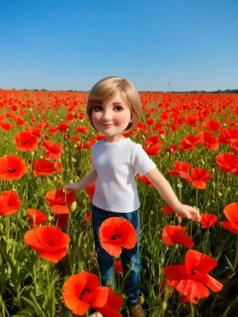 AI Video from prompt: A girl enjoys a photo shoot in poppies, the came