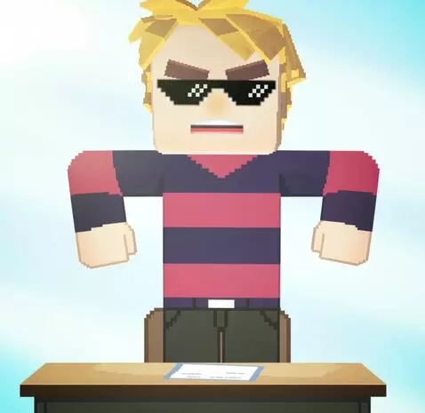 AI Video from prompt: he stands up on the desk and starts dancing mean