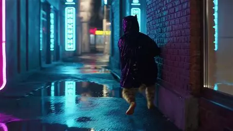 AI Video from prompt: Action (8s): A rainy night in a narrow neon-lit 
