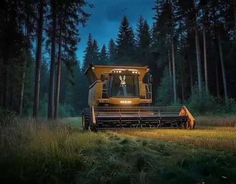 AI Video from prompt: комбайн едет, вращая ротором срезает траву. за р