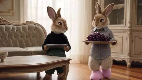 AI Video from prompt: Два милых пушистых зайца на задних лапах он в те