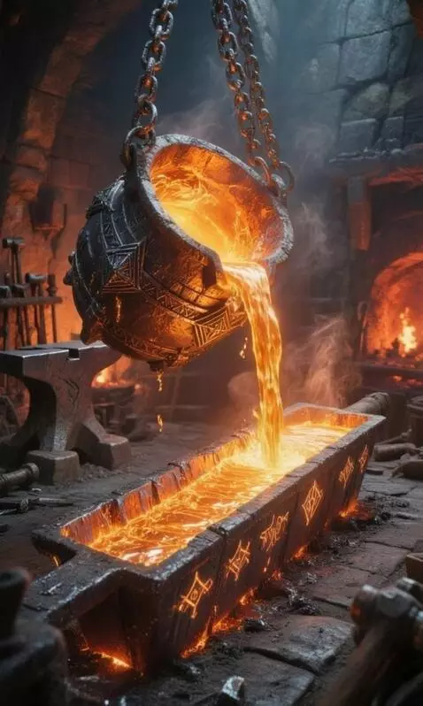 AI Video from prompt: red-hot metal pours from the crucible, filling t