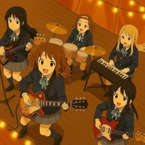 AI Video from prompt: A vibrant band rocks the stage. The anime charac