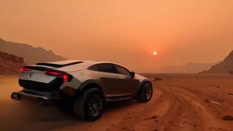 AI Video from prompt: On a vast Martian landscape, a sleek Tesla Cyber