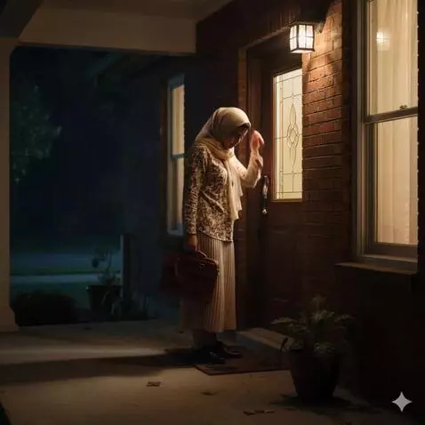 AI Video from prompt: seorang wanita berjalan masuk rumah dengan kondi