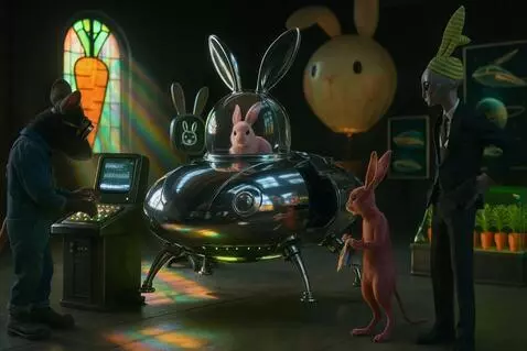 AI Video from prompt: The rabbit wipes its hands on the rag. The rat t