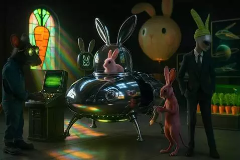 AI Video from prompt: The rabbit wipes its hands on the rag. The rat t