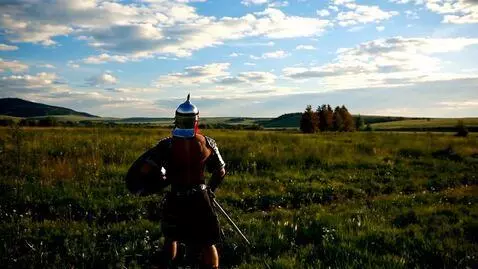 AI Video from prompt: воин идет по полю осматривая по сторонам , сдела