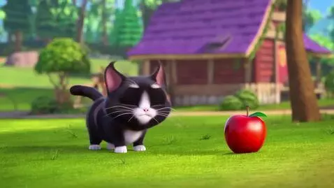 AI Video from prompt: A cat walking towards a red apple, picking it an