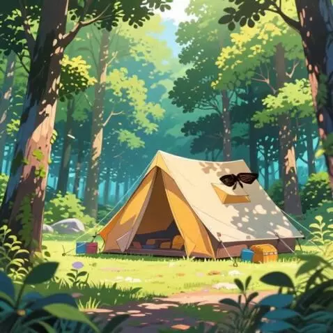 AI Video from prompt: двери палатки закрываются. Шевелятся листья, тра